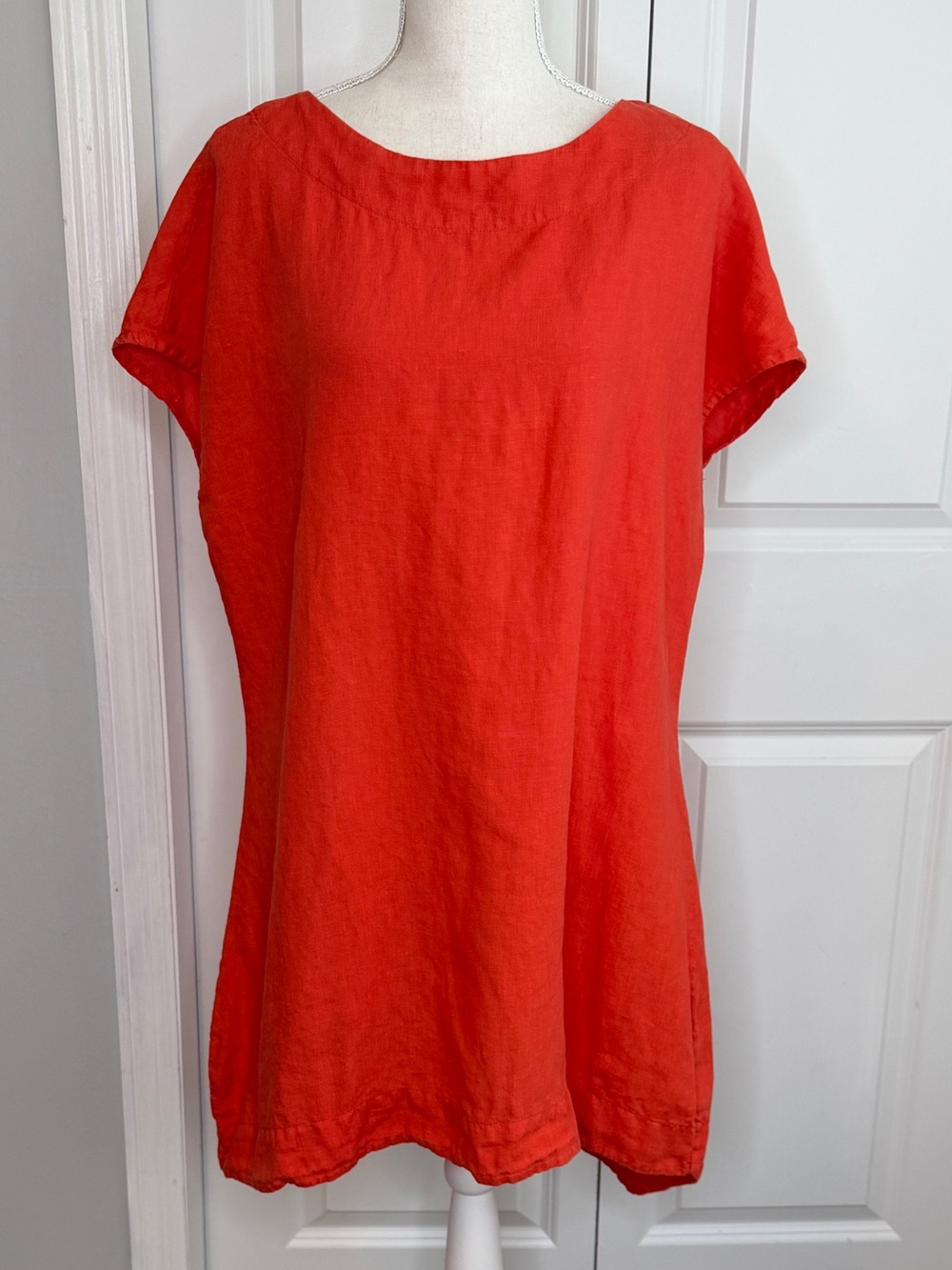 Bryn Walker Coral Orange Linen Short Sleeve Tunic Top Small Lagenlook Hi-Lo Hem